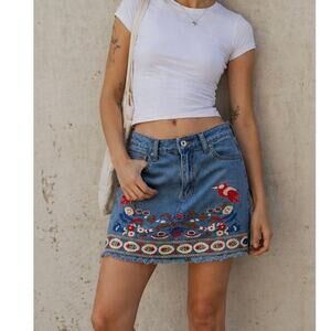 Umgee Embroidered Denim Mini Skirt Boho Birds Raw Hem Medium